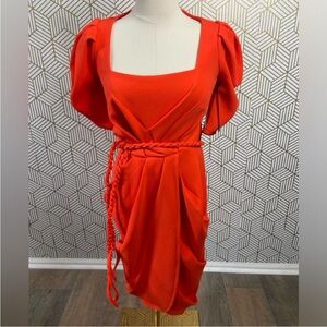 New York & Company burnt orange belted wrap dress puff sleeve